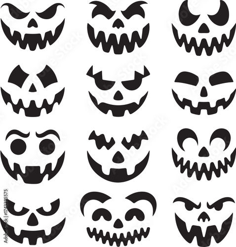 Collection of twelve spooky halloween jack o lantern faces carved in white background