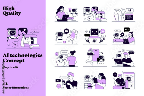 Flat vector illustrations of AI technology, robots, chatbots, and machine learning. Perfect for websites, apps, digital products, presentations, and branding in modern tech themes. Vector