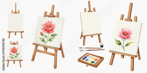 Collection of wooden easels displaying blank canvases and beautiful watercolor flower art with painting supplies.