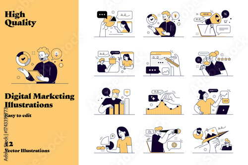 Flat vector illustration set of digital marketing, business growth, SEO, content strategy, social media, analytics, and teamwork. Perfect for websites, apps, presentations, and branding.