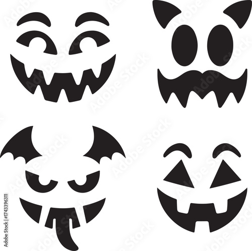 Four spooky halloween pumpkin carving stencils featuring different scary and funny faces