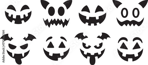 Collection of eight unique carved halloween pumpkin faces and spooky monster designs in black silhouette