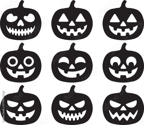 Collection of nine black silhouette halloween jack o lantern pumpkin faces with various expressions