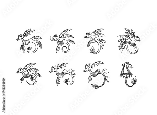 Set of eight stylized seahorse illustrations.