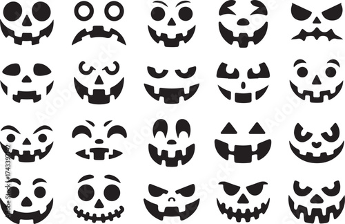 Collection of diverse carved halloween pumpkin faces with spooky and funny expressions on a white background
