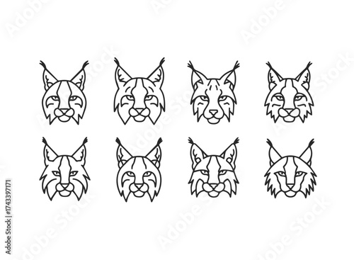 Set of stylized lynx head icons.