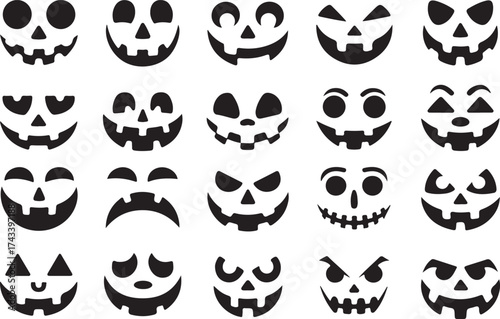 Collection of 25 unique hand drawn black and white halloween pumpkin faces and jack o lantern carvings