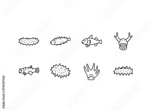 Simple Line Art Icons of Marine Life.