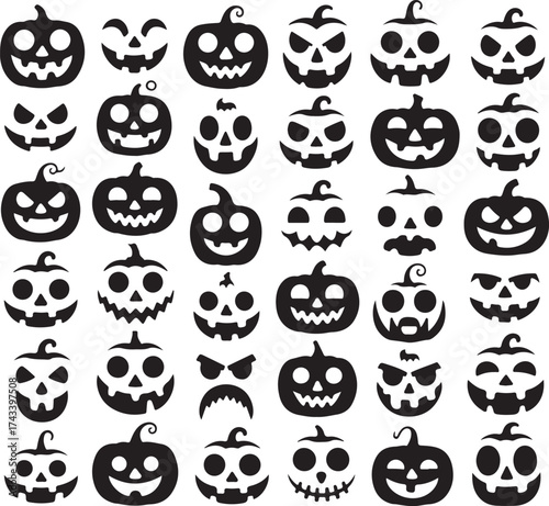 Collection of spooky and happy halloween jack o lantern pumpkin faces silhouettes