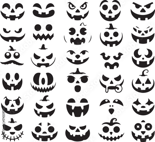 Collection of spooky halloween jack o lantern faces carved designs for festive decorations