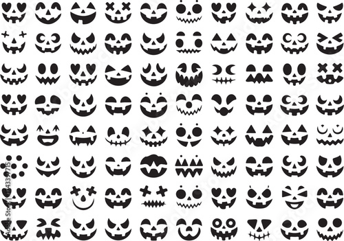 Collection of diverse black and white halloween pumpkin faces carved with various spooky and funny expressions