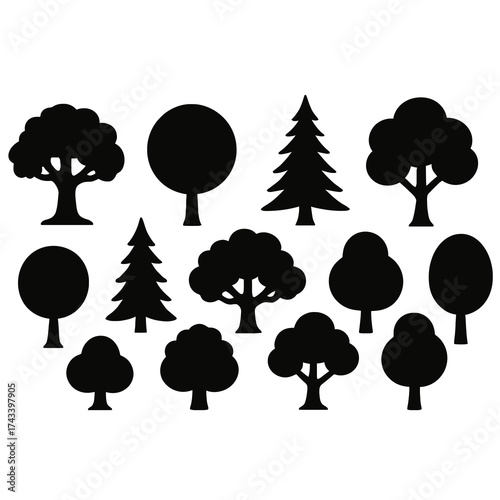 Set of black tree silhouettes showing various forest and nature shapes in minimal style.