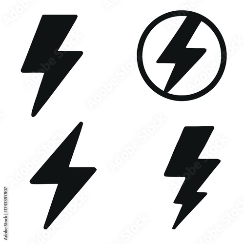 Set of black lightning bolt icons symbolizing energy, electricity, and power in minimal style