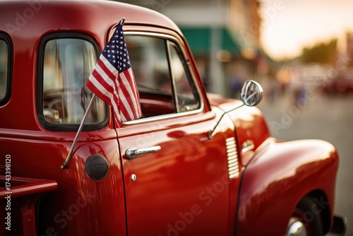 Truck American Flag. Classic 1950s Red Pickup Car with American Flag on Side View
