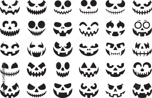 Collection of 36 hand drawn black and white halloween jack o lantern faces with various expressions