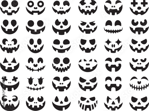 Collection of diverse carved pumpkin faces and spooky halloween jack o lantern expressions in a grid pattern