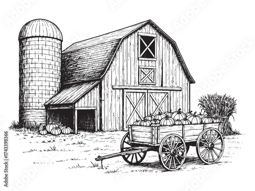 Barn and Wagon Vintage Engraved Autumn Harvest Scene Vector