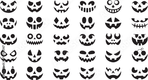 Collection of diverse black and white spooky halloween pumpkin faces and jack o lantern expressions