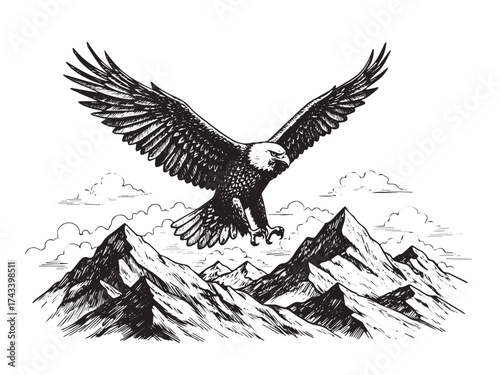 Eagle Mountain Vintage Engraved Wildlife Scene Illustration Isolated Vector