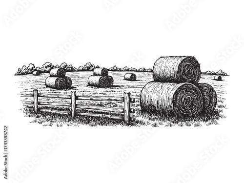 Hay Bale Field Vintage Engraved Autumn Harvest Scene Vector