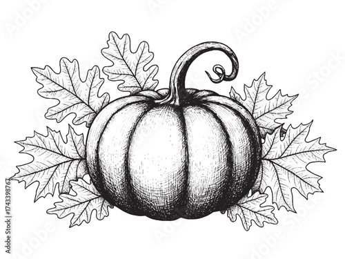 Pumpkin and Leaves Vintage Engraved Autumn Harvest Illustration Vector