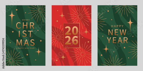 Set of Merry Christmas and Happy New Year cards. Xmas vector design for winter holidays. Holiday background gold line, stars and fireworks in geometric minimal style. 