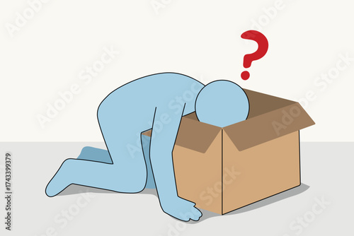uncertain man looking in box with question mark on head, mix feeling of fear anxiety nervous sad , abstract cartoon vector