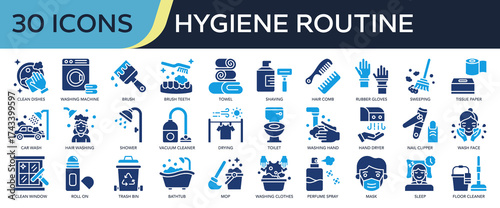 Collection of Hygiene Routine icons, related to Clean dishes, washing machine, brush teeth, shower, vacuum cleaner and more. Solid icons vector illustation.