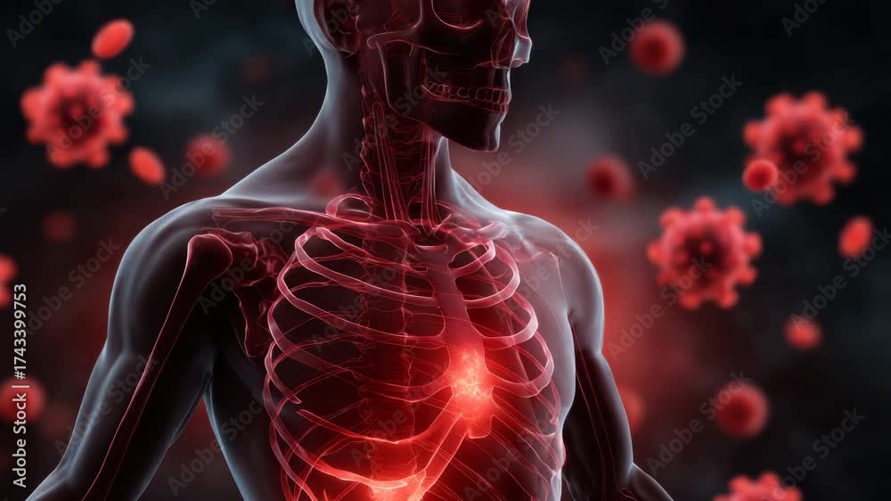 Infected Ribs Human skeleton rib cage heart virus infection medical illustration ...