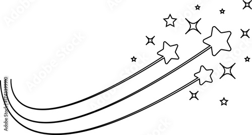 Shooting star icon with black, outline falling stars, celestial night sky sparkle and comet trail symbols, vector for magic, fantasy, astrology and decoration design
