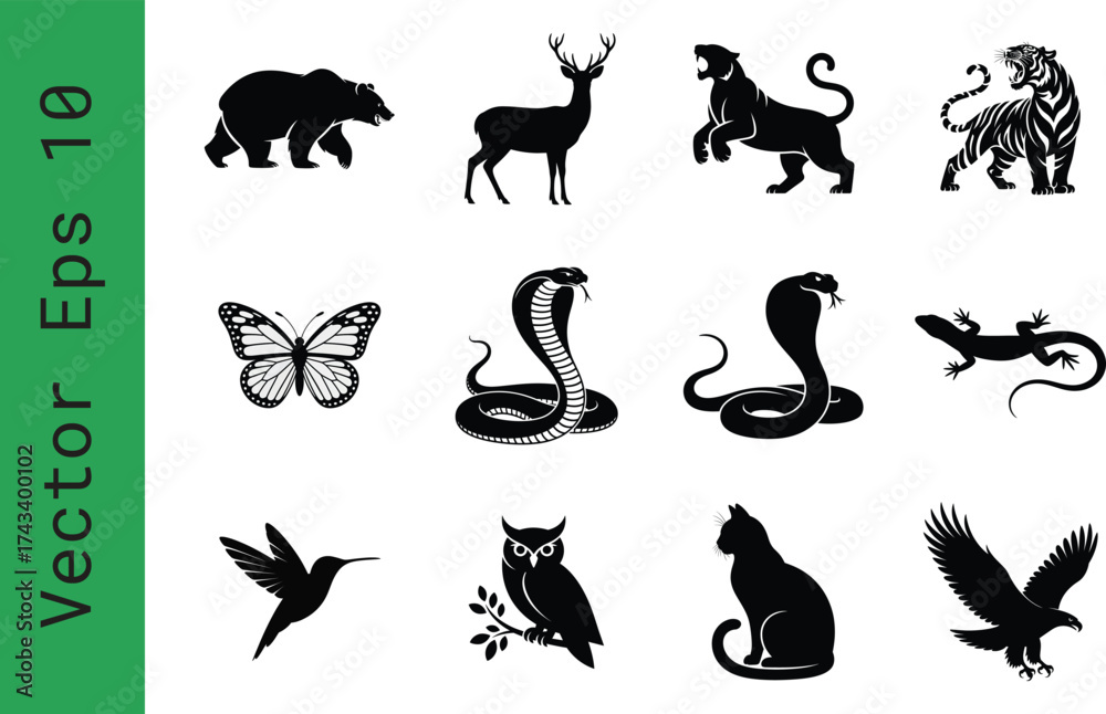 Fototapeta premium Black animal silhouettes collection, 12 wildlife vector icons, minimalist nature symbols for branding and logo design isolated on Transparent Background