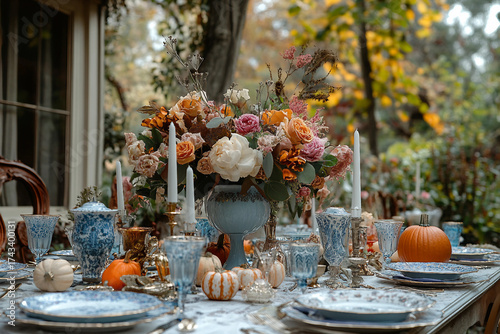 Generative ai image of beautifully decorated thanksgiving table with pumpkins, candles, flowers
