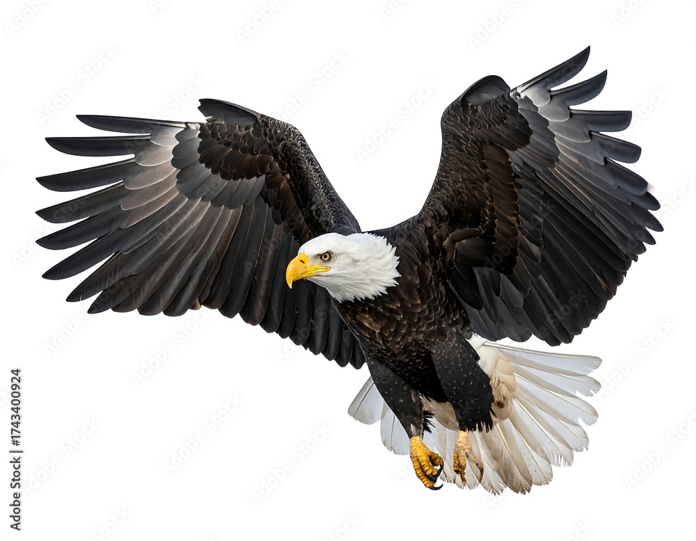 Obraz premium A majestic bald eagle soars, wings spread wide against a clean white background, in mid-flight