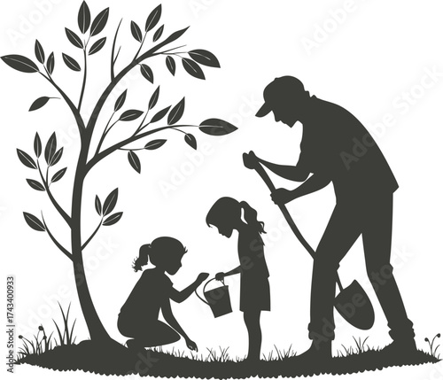 Family planting a tree silhouette isolated on white background