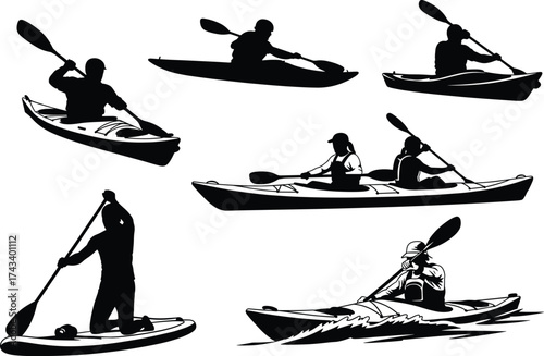 Kayaking silhouette vector set, black and white paddle sport illustrations, water activity icons, outdoor adventure design, isolated kayak graphic elements