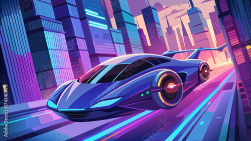 Futuristic eco vehicle gliding above glowing city streets, sleek aerodynamic form, luminous energy core, and minimalist metallic body, symbolizing innovation, sustainability, and next-generation trans