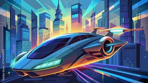 Futuristic eco vehicle gliding above glowing city streets, sleek aerodynamic form, luminous energy core, and minimalist metallic body, symbolizing innovation, sustainability, and next-generation trans