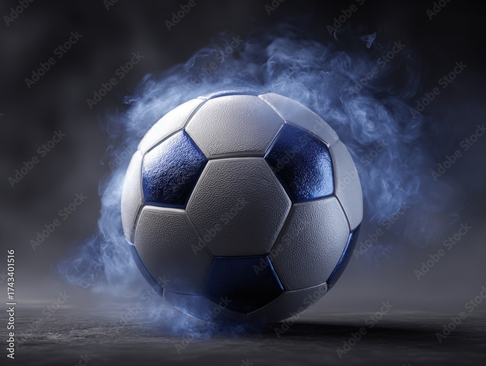 Fototapeta premium A soccer ball is enveloped by a thick blue smoke on a vivid blue background