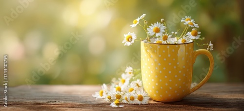 Fototapeta Naklejka Na Ścianę i Meble -  A vibrant yellow cup brimming with fresh daisies rests on a wooden table