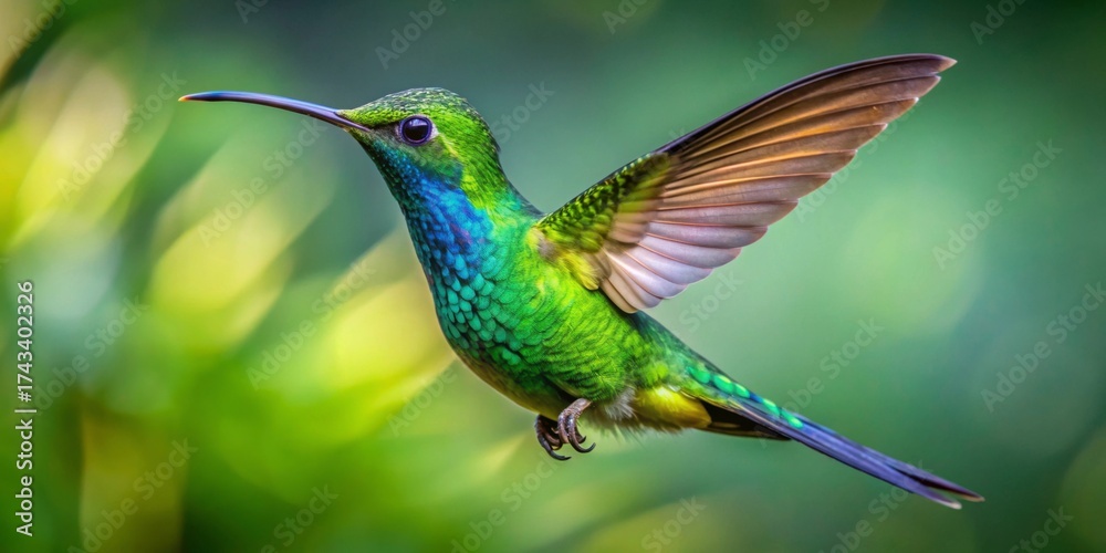 Fototapeta premium Vibrant Green Hummingbird in Flight Against a Soft Background