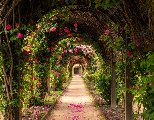 Fototapeta Naklejka Na Ścianę i Meble -  A rosy garden tunnel path with pink flowers overhanging the archway and petals sprinkled on the ground