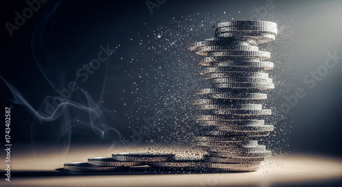 Stack of silver coins disintegrating into dust with smoke, financial crisis and inflation concept showing money losing its value and purchasing power