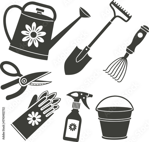 Collection of garden tools and supplies isolated on white background