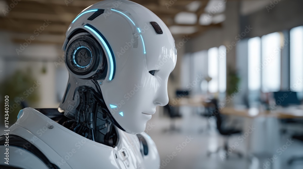 Fototapeta premium Telepresence robot, futuristic corporate office with glowing humanoid robot enabling remote presence.