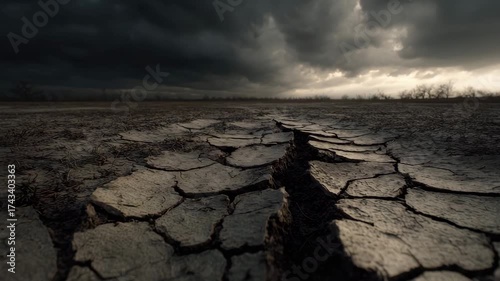 Dry soil cracked earth drought barren land stormy sky dark clouds arid landscape nature environmental weather dramatic intense atmosphere desolation fissures moody barren landscape