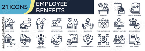Collection of Employee Benefits icons, related to relocation, paternity, legal assistance, elder care, work life balance and more. Outline icons vector illustation.