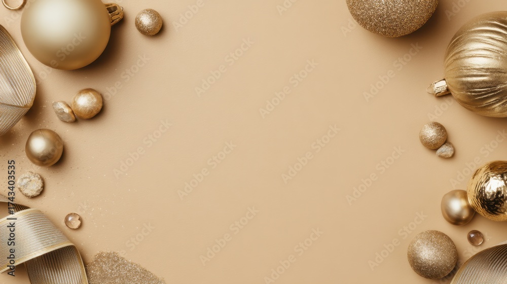 Fototapeta premium Elegant Gold Christmas Decorations with Ornaments, Ribbons, and Glitter on Beige Background for Holiday Celebrations and Festive Themes