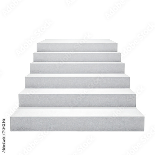 A stark white, seven-tiered staircase floats against a completely black background