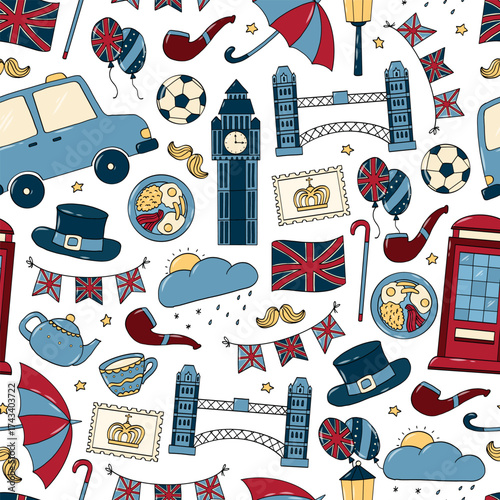 Great Britain doodles seamless pattern for wallpaper, wrapping paper, scrapbooking, stationery, etc. EPS 10