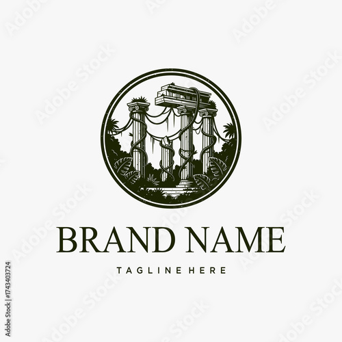 Ancient Ruins Logo Design with Columns and Foliage in Circular Frame.